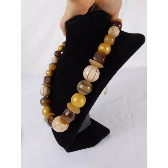 Vintage Chunky Bead Necklace Brown Cream Gold Oversized Statement Retro Jewelry - Picture 6 of 9